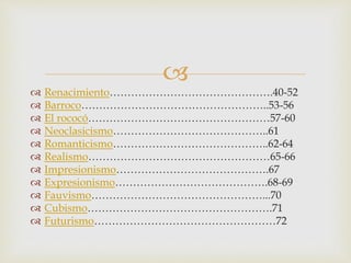 
 Renacimiento……………………………………….40-52
 Barroco……………………………………………..53-56
 El rococó……………………………………………57-60
 Neoclasicismo……………………………………..61
 Romanticismo……………………………………..62-64
 Realismo……………………………………………65-66
 Impresionismo…………………………………….67
 Expresionismo…………………………………….68-69
 Fauvismo…………………………………………...70
 Cubismo…………………………………………….71
 Futurismo……………………………………………72
 