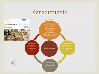 
Renacimiento
El Renacimiento
comenzó como un
movimiento
orientado por
artistas
e intelectuales en
Italia, bajo el signo
del Humanismo
Naturalmente la
pintura no se
liberó en seguida
de la influencia
gótica
En el dibujo, los
cuerpos adoptan
formas naturales
Movimiento
artístico y
filosófico que se
produce en
Europa
Renacimiento
 