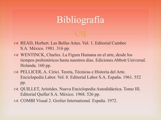 
 READ, Herbert. Las Bellas Artes. Vol. 1. Editorial Cumbre
S.A. México. 1981. 316 pp.
 WENTINCK, Charles. La Figura Humana en el arte, desde los
tiempos prehistóricos hasta nuestros días. Ediciones Abbott Universal.
Holanda. 160 pp.
 PELLICER, A. Cirici. Teoría, Técnicas e Historia del Arte.
Enciclopedia Labor. Vol. 8. Editorial Labor S.A. España. 1961. 552
pp.
 QUILLET, Arístides. Nueva Enciclopedia Autodidáctica. Tomo III.
Editorial Quillet S.A. México. 1968. 526 pp.
 COMBI Visual 2. Grolier International. España. 1972.
Bibliografía
 