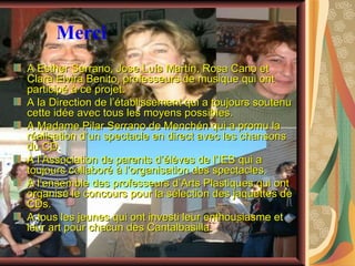 Merci A Esther Serrano, Jose Luís Martín, Rosa Cano et Clara Elvira Benito, professeurs de musique qui ont participé à ce projet. A la Direction de l’établissement qui a toujours soutenu cette idée avec tous les moyens possibles. A Madame Pilar Serrano de Menchén qui a promu la réalisation d’un spectacle en direct avec les chansons du CD. A l’Association de parents d’élèves de l’IES qui a toujours collaboré à l’organisation des spectacles. A l’ensemble des professeurs d’Arts Plastiques qui ont organisé le concours pour la sélection des jaquettes de CDs. A tous les jeunes qui ont investi leur enthousiasme et leur art pour chacun des Cantalbasilla. 