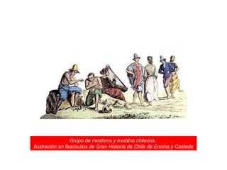 Grupo de mestizos y mulatos chilenos.  Ilustración en fascículos de Gran Historia de Chile de Encina y Castedo 