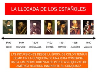 LA LLEGADA DE LOS ESPAÑOLES LAS INCURSIONES DESDE LA ÉPOCA DE COLÓN TENÍAN COMO FIN LA BUSQUEDA DE UNA RUTA COMERCIAL HACIA LAS INDIAS ORIENTALES PERO LAS RIQUEZAS DE AMÉRICA HICIERON INMINENTE SU CONQUISTA 1492 1540 1520 1497 1492 1531 1535 COLÓN VESPUCIO MAGALLANES CORTÉS PIZARRO ALMAGRO VALDIVIA 