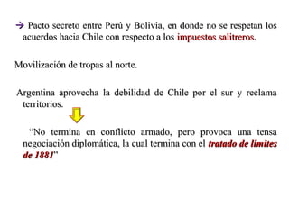  Pacto secreto entre Perú y Bolivia, en donde no se respetan los
 acuerdos hacia Chile con respecto a los impuestos salitreros.

Movilización de tropas al norte.

Argentina aprovecha la debilidad de Chile por el sur y reclama
 territorios.

   “No termina en conflicto armado, pero provoca una tensa
  negociación diplomática, la cual termina con el tratado de límites
  de 1881”
 
