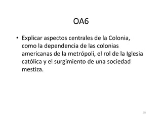OA6
• Explicar aspectos centrales de la Colonia,
como la dependencia de las colonias
americanas de la metrópoli, el rol de la Iglesia
católica y el surgimiento de una sociedad
católica y el surgimiento de una sociedad
mestiza.
20
 