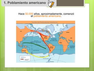1. Poblamiento americano 
Hace 50.000 años, aproximadamente, comenzó 
el poblamiento americano. 
 