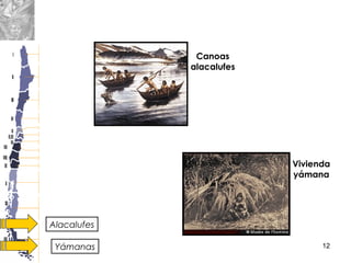 12
Canoas
alacalufes
Vivienda
yámana
Alacalufes
Yámanas
 