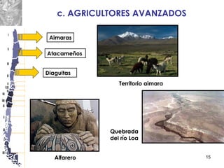 15
c. AGRICULTORES AVANZADOS
Territorio aimara
Alfarero
Quebrada
del río Loa
Aimaras
Atacameños
Diaguitas
 