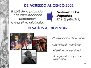 20
El 4.6% de la población
nacional reconoce
pertenecer
a una etnia originaria.
Predominan los
Mapuches
87,31% (604.349)
•Conservación de la cultura.
•Disminución numérica.
•Pérdida de identidad.
•Integración, respeto y
valoración.
DESAFÍOS A ENFRENTAR
DE ACUERDO AL CENSO 2002
 