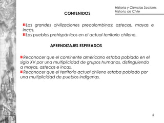 2
Las grandes civilizaciones precolombinas: aztecas, mayas e
incas.
Los pueblos prehispánicos en el actual territorio chil...