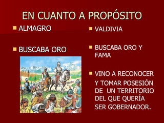 EN CUANTO A PROPÓSITO ALMAGRO BUSCABA ORO VALDIVIA BUSCABA ORO Y FAMA VINO A RECONOCER Y TOMAR POSESIÓN DE  UN TERRITORIO DEL QUE QUERÍA SER GOBERNADOR . 