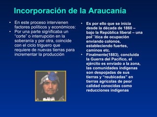Incorporación de la Araucanía En este proceso intervienen factores políticos y económicos: Por una parte significaba un “corte” o interrupción en la soberanía y por otra, coincide con el ciclo triguero que requiere de nuevas tierras para incrementar la producción Es por ello que se inicia desde la década de 1860 – bajo la República liberal – una pol´´itica de ocupación enviando colonos, estableciendo fuertes, caminos etc. Finalmente(1883), concluida la Guerra del Pacífico, el ejército es enviado a la zona, las comunidades indígenas son despojadas de sus tierras y “reubicadas” en tierras agrícolas de peor calidad conocidas como reducciones indígenas 