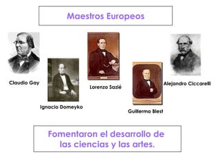 Claudio GayAlejandro CiccarelliLorenzo SaziéIgnacio DomeykoGuillermo BlestMaestros EuropeosFomentaron el desarrollo de las ciencias y las artes.