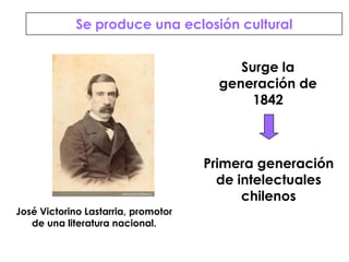 José Victorino Lastarria, promotorde una literatura nacional.Se produce una eclosión culturalSurge la generación de 1842Primera generaciónde intelectualeschilenos