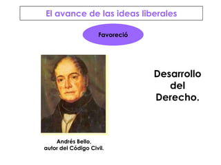Andrés Bello,autor del Código Civil.El avance de las ideas liberalesFavorecióDesarrollodelDerecho.