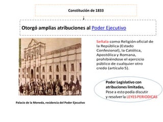 Palacio de la Moneda, residencia del Poder EjecutivoConstitución de 1833Otorgó amplias atribuciones al Poder Ejecutivo
