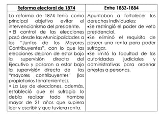 Balance del siglo XIXDesde una lógica institucional, el siglo XIX pasó por tres etapas:a. 1831–1861, predominio de una república autoritaria.b. 1861–1891, reformas que disminuyen el autoritarismo presidencial y la influencia de la Iglesia.c. 1891–1920, consolidación del liberalismo.La hegemonía liberal se instala en la segunda mitad del siglo XIX.