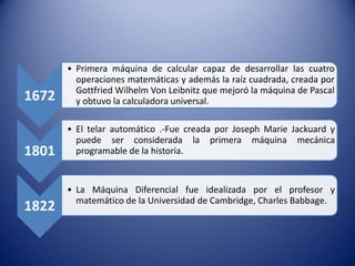 1672

• Primera máquina de calcular capaz de desarrollar las cuatro
operaciones matemáticas y además la raíz cuadrada, creada por
Gottfried Wilhelm Von Leibnitz que mejoró la máquina de Pascal
y obtuvo la calculadora universal.

1801

• El telar automático .-Fue creada por Joseph Marie Jackuard y
puede ser considerada la primera máquina mecánica
programable de la historia.

1822

• La Máquina Diferencial fue idealizada por el profesor y
matemático de la Universidad de Cambridge, Charles Babbage.

 