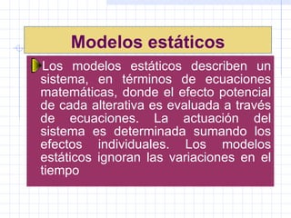 Modelos estáticos   Los modelos estáticos describen un sistema, en términos de ecuaciones matemáticas, donde el efecto potencial de cada alterativa es evaluada a través de ecuaciones. La actuación del sistema es determinada sumando los efectos individuales. Los modelos estáticos ignoran las variaciones en el tiempo 