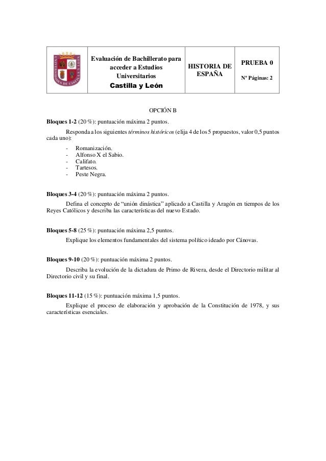 Modelo 0 de examen EBAU Historia de España Castilla y León Modelo 0 de examen EBAU Historia de España Castilla y León