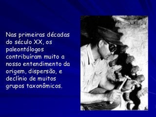 Nas primeiras décadas
do século XX, os
paleontólogos
contribuíram muito a
nosso entendimento da
origem, dispersão, e
declínio de muitos
grupos taxonômicos.
 