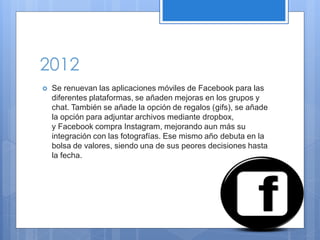 2012


Se renuevan las aplicaciones móviles de Facebook para las
diferentes plataformas, se añaden mejoras en los grupos y
chat. También se añade la opción de regalos (gifs), se añade
la opción para adjuntar archivos mediante dropbox,
y Facebook compra Instagram, mejorando aun más su
integración con las fotografías. Ese mismo año debuta en la
bolsa de valores, siendo una de sus peores decisiones hasta
la fecha.

 