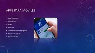 APPS PARA MÓVILES
• App Facebook
• Messenger
• Poke
• Cámara
• Administrador de páginas
• Facebook groups
• Facebook lite
 