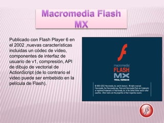 Publicado con Flash Player 6 en
el 2002 ,nuevas características
incluidas un códec de vídeo,
componentes de interfaz de
usuario de v1, compresión, API
de dibujo de vectorial de
ActionScript (de lo contrario el
video puede ser embebido en la
película de Flash).
 