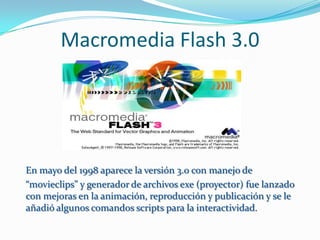 Macromedia Flash 3.0




En mayo del 1998 aparece la versión 3.0 con manejo de
“movieclips” y generador de archivos exe (proyector) fue lanzado
con mejoras en la animación, reproducción y publicación y se le
añadió algunos comandos scripts para la interactividad.
 