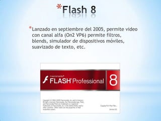 *
* Lanzado en septiembre del 2005, permite video
 con canal alfa (On2 VP6) permite filtros,
 blends, simulador de dispositivos móviles,
 suavizado de texto, etc.
 