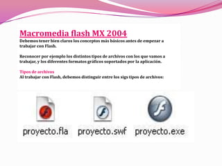 Macromedia flash MX 2004
Debemos tener bien claros los conceptos más básicos antes de empezar a
trabajar con Flash.

Reconocer por ejemplo los distintos tipos de archivos con los que vamos a
trabajar, y los diferentes formatos gráficos soportados por la aplicación.

Tipos de archivos
Al trabajar con Flash, debemos distinguir entre los sigs tipos de archivos:
 