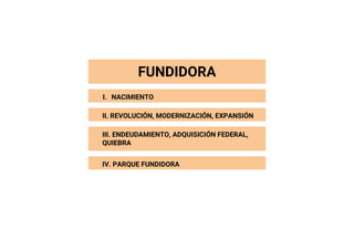 FUNDIDORA
I. NACIMIENTO
II. REVOLUCIÓN, MODERNIZACIÓN, EXPANSIÓN
III. ENDEUDAMIENTO, ADQUISICIÓN FEDERAL,
QUIEBRA
IV. PARQUE FUNDIDORA
 