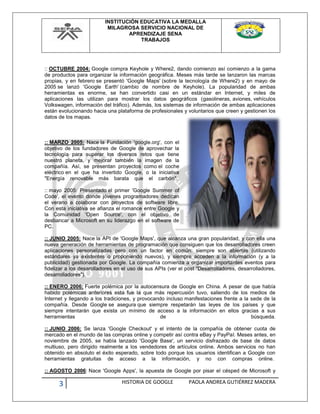 INSTITUCIÓN EDUCATIVA LA MEDALLA
MILAGROSA SERVICIO NACIONAL DE
APRENDIZAJE SENA
TRABAJOS
3 HISTORIA DE GOOGLE PAOLA ANDREA GUTIÉRREZ MADERA
:: OCTUBRE 2004: Google compra Keyhole y Where2, dando comienzo así comienzo a la gama
de productos para organizar la información geográfica. Meses más tarde se lanzaron las marcas
propias, y en febrero se presentó 'Google Maps' (sobre la tecnología de Where2) y en mayo de
2005 se lanzó 'Google Earth' (cambio de nombre de Keyhole). La popularidad de ambas
herramientas es enorme, se han convertido casi en un estándar en Internet, y miles de
aplicaciones las utilizan para mostrar los datos geográficos (gasolineras, aviones, vehículos
Volkswagen, información del tráfico). Además, los sistemas de información de ambas aplicaciones
están evolucionando hacia una plataforma de profesionales y voluntarios que creen y gestionen los
datos de los mapas.
:: MARZO 2005: Nace la Fundación 'google.org', con el
objetivo de los fundadores de Google de aprovechar la
tecnología para superar los diversos retos que tiene
nuestro planeta, y mejorar también la imagen de la
compañía. Así, se presentan proyectos como el coche
eléctrico en el que ha invertido Google, o la iniciativa
"Energía renovable más barata que el carbón".
:: mayo 2005: Presentado el primer 'Google Summer of
Code', el evento donde jóvenes programadores dedican
el verano a colaborar con proyectos de software libre.
Con esta iniciativa se afianza el romance entre Google y
la Comunidad 'Open Source', con el objetivo de
desbancar a Microsoft en su liderazgo en el software de
PC.
:: JUNIO 2005: Nace la API de 'Google Maps', que alcanza una gran popularidad, y con ella una
nueva generación de herramientas de programación que consiguen que los desarrolladores creen
aplicaciones personalizadas pero con un factor en común: siempre son abiertas (utilizando
estándares ya existentes o proponiendo nuevos), y siempre acceden a la información (y a la
publicidad) gestionada por Google. La compañía comienza a organizar importantes eventos para
fidelizar a los desarolladores en el uso de sus APIs (ver el post "Desarrolladores, desarrolladores,
desarrolladores").
:: ENERO 2006: Fuerte polémica por la autocensura de Google en China. A pesar de que había
habido polémicas anteriores esta fue la que más repercusión tuvo, saliendo de los medios de
Internet y llegando a los tradiciones, y provocando incluso manifestaciones frente a la sede de la
compañía. Desde Google se asegura que siempre respetarán las leyes de los países y que
siempre intentarán que exista un mínimo de acceso a la información en ellos gracias a sus
herramientas de búsqueda.
:: JUNIO 2006: Se lanza 'Google Checkout' y el intento de la compañía de obtener cuota de
mercado en el mundo de las compras online y competir así contra eBay y PayPal. Meses antes, en
noviembre de 2005, se había lanzado 'Google Base', un servicio disfrazado de base de datos
multiuso, pero dirigido realmente a los vendedores de artículos online. Ambos servicios no han
obtenido en absoluto el éxito esperado, sobre todo porque los usuarios identifican a Google con
herramientas gratuitas de acceso a la información, y no con compras online.
:: AGOSTO 2006: Nace 'Google Apps', la apuesta de Google por pisar el césped de Microsoft y
 