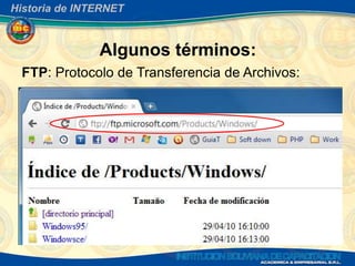 Historia de INTERNET



               Algunos términos:
 FTP: Protocolo de Transferencia de Archivos:
 