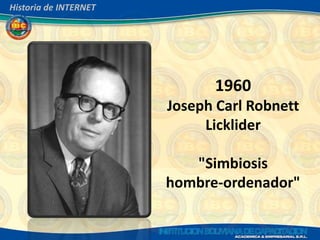 Historia de INTERNET




                             1960
                       Joseph Carl Robnett
                            Licklider

                          "Simbiosis
                       hombre-ordenador"
 