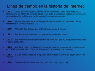 Línea de tiempo en la historia de Internet 1957   URSS lanza el Sputnik, primer satélite artificial. Como respuesta, EEUU forma parte de ARPA. El principal objetivo de este proyecto fue establecer un sistema de investigación militar que pudiera resistir un ataque enemigo.  1960  Se introduce el concepto de repartir la información en paquetes que se transmiten a través de la red. 1969  ARPANET fue dirigido por el Departamento de Defensa. 1971  Ray Tomlinson inventa el programa de correo electrónico. 1972  Bob Kahn hace una demostración de ARPANET con 40 máquinas conectadas y causa sensación. 1974  Vint Cerf y Kahn publican su propuesta para un protocolo de comunicación, el TCP/IP (Protocolo de Control de Transmisión y Protocolo de Internet). 1983  El 1 de enero todas las máquinas relacionadas a ARPANET deben utilizar el TCP/IP. 1984  Creación de los  dominios  gov, mil, edu, com, org y  net. 