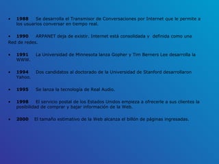 1988  Se desarrolla el Transmisor de Conversaciones por Internet que le permite a los usuarios conversar en tiempo real.  1990  ARPANET deja de existir. Internet está consolidada y  definida como una Red de redes. 1991  La Universidad de Minnesota lanza Gopher y Tim Berners Lee desarrolla la WWW. 1994  Dos candidatos al doctorado de la Universidad de Stanford desarrollaron Yahoo. 1995  Se lanza la tecnología de Real Audio. 1998  El servicio postal de los Estados Unidos empieza a ofrecerle a sus clientes la posibilidad de comprar y bajar información de la Web. 2000  El tamaño estimativo de la Web alcanza el billón de páginas ingresadas. 