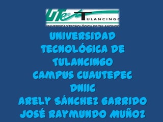 Universidad
   tecnológica de
      Tulancingo
  Campus Cuautepec
         DN11C
Arely Sánchez Garrido
José Raymundo Muñoz
 