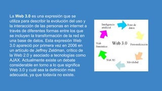 La Web 3.0 es una expresión que se
utiliza para describir la evolución del uso y
la interacción de las personas en internet a
través de diferentes formas entre los que
se incluyen la transformación de la red en
una base de datos. Esta expresión Web
3.0 apareció por primera vez en 2006 en
un artículo de Jeffrey Zeldman, crítico de
la Web 2.0 y asociado a tecnologías como
AJAX. Actualmente existe un debate
considerable en torno a lo que significa
Web 3.0 y cuál sea la definición más
adecuada, ya que todavía no existe.

 