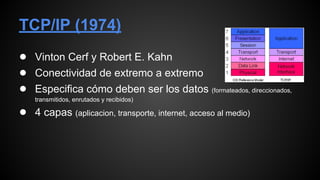 TCP/IP (1974)
● Vinton Cerf y Robert E. Kahn
● Conectividad de extremo a extremo
● Especifica cómo deben ser los datos (formateados, direccionados,
transmitidos, enrutados y recibidos)
● 4 capas (aplicacion, transporte, internet, acceso al medio)
 