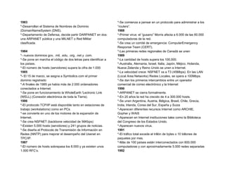 1983                                                             *-Se comienza a pensar en un protocolo para administrar a los
*-Desarrollan el Sistema de Nombres de Dominio                   “routers”.
(DomainNameSystem (DNS).                                         1988
*-Departamento de Defensa, decide partir DARPANET en dos:        *-Primer virus: el “gusano” Morris afecta a 6.000 de las 60.000
una ARPANET pública y una MILNET o Red Militar                   computadoras de la red.
clasificada.                                                     *-Se crea un comité de emergencia: ComputerEmergency
                                                                 Response Team (CERT),
1984                                                             *-Las primeras redes regionales de Canadá se unen
*- nuevos dominios gov, .mil, .edu, .org, .net y .com.           1989
*-Se pone en marcha el código de dos letras para identificar a   *-La cantidad de hosts supera los 100,000.
los países.                                                      *-Australia, Alemania, Israel, Italia, Japón, Méjico, Holanda,
*-El número de hosts (servidores) supera la cifra de 1.000       Nueva Zelanda y Reino Unido se unen a Internet.
1985                                                             *-La velocidad crece: NSFNET va a T3 (45Mbps). En las LAN
*- El 15 de marzo, se asigna a Symbolics.com el primer           (Local Area Networks) Redes Locales, se opera a 100Mbps.
dominio registrado                                               *-Se dan los primeros intercambios entre un operador
*-A finales de 1985 ya había más de 2.000 ordenadores            comercial de correo electrónico y la Internet
conectados a Internet.                                           1990
*-Se pone en funcionamiento la WholeEarth 'Lectronic Link        *-ARPANET se cierra formalmente.
(WELL) (Conexión electrónica de toda la Tierra).                 *-En 20 años la red ha crecido de 4 a 300.000 hosts.
1986                                                             *-Se unen Argentina, Austria, Bélgica, Brasil, Chile, Grecia,
*-El protocolo TCP/IP está disponible tanto en estaciones de     India, Irlanda, Corea del Sur, España y Suiza
trabajo (workstations) como en PCs.                              *-Aparecen diferentes recursos Internet como ARCHIE,
*-se convierte en uno de los motores de la expansión de          Gopher y WAIS
Internet.                                                        *-Aparecen en Internet instituciones tales como la Biblioteca
*-Se crea NSFNET (backbone velocidad de 56Kbps)                  del Congreso de los Estados Unido.
*-Existen 5.000 hosts (servidores) y 241 grupos de noticias.     *-Aparecen nuevos virus.
*-Se diseña el Protocolo de Transmisión de Información en        1991
Redes (NNTP) para mejorar el desempeño del Usenet en             *-El tráfico total excede el trillón de bytes o 10 billones de
TPC/IP.                                                          paquetes por mes.
1987                                                             *-Más de 100 países están interconectados con 600.000
*-El número de hosts sobrepasa los 8.000 y ya existen unos       computadoras y con aproximadamente 5.000 redes separadas
1.000 RFC‟s.                                                     1992
 
