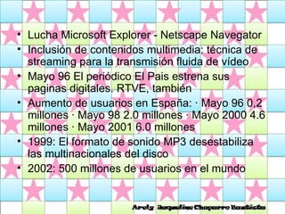 Lucha Microsoft Explorer - Netscape Navegator Inclusión de contenidos multimedia: técnica de streaming para la transmisión fluida de vídeo Mayo 96 El periódico El Pais estrena sus paginas digitales. RTVE, también Aumento de usuarios en España: · Mayo 96 0,2 millones · Mayo 98 2.0 millones · Mayo 2000 4.6 millones · Mayo 2001 6.0 millones 1999: El formato de sonido MP3 desestabiliza las multinacionales del disco 2002: 500 millones de usuarios en el mundo  