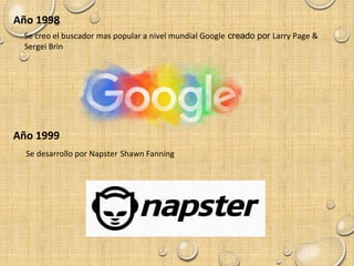 Año 1998
Se creo el buscador mas popular a nivel mundial Google creado por Larry Page &
Sergei Brin
Año 1999
Se desarrollo por Napster Shawn Fanning
 