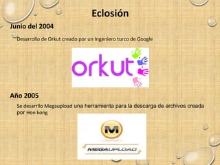Eclosión
Junio del 2004
Desarrollo de Orkut creado por un Ingeniero turco de Google
Año 2005
Se desarrllo Megaupload una herramienta para la descarga de archivos creada
por Hon kong
 