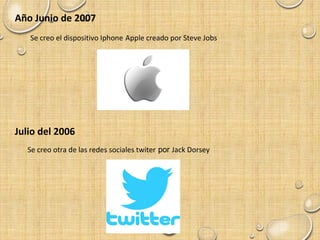 Año Junio de 2007
Se creo el dispositivo Iphone Apple creado por Steve Jobs
Julio del 2006
Se creo otra de las redes sociales twiter por Jack Dorsey
 