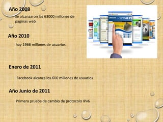Año 2008
Se alcanzaron las 63000 millones de
paginas web
Año 2010
hay 1966 millones de usuarios
Enero de 2011
Facebook alcanza los 600 millones de usuarios
Año Junio de 2011
Primera prueba de cambio de protocolo IPv6
 