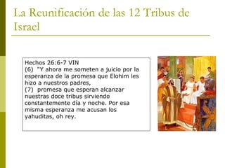 La Reunificación de las 12 Tribus de Israel Hechos 26:6-7 VIN (6)  “Y ahora me someten a juicio por la esperanza de la promesa que Elohim les hizo a nuestros padres, (7)  promesa que esperan alcanzar nuestras doce tribus sirviendo constantemente día y noche. Por esa misma esperanza me acusan los yahuditas, oh rey. 