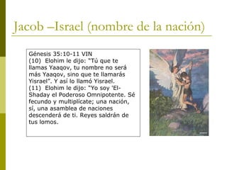 Jacob –Israel (nombre de la nación) Génesis 35:10-11 VIN (10)  Elohim le dijo: “Tú que te llamas Yaaqov, tu nombre no será más Yaaqov, sino que te llamarás Yisrael”. Y así lo llamó Yisrael. (11)  Elohim le dijo: “Yo soy 'El-Shaday el Poderoso Omnipotente. Sé fecundo y multiplícate; una nación, sí, una asamblea de naciones descenderá de ti. Reyes saldrán de tus lomos. 
