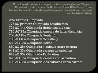    Año Evento Olimpiada
    776 aC primera Olimpiada Estadio raza
    724 aC 14a Olimpiada doble estadio raza
    720 AC 15a Olimpiada carrera de larga distancia
    708 AC 18a Olimpiada Pentatlón
    708 AC 18a Olimpiada Wrestling
    688 AC 23a Olimpiada Boxeo
    680 aC 25a Olimpiada 4 caballo carro carrera
    648 aC 33a Olimpiada carrera de caballos
    648 aC 33a Olimpiada Pankration
    520 AC 65a Olimpiada carrera con armadura
    408 AC 93a Olimpiada dos caballos carro carrera
 