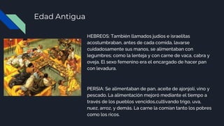 Edad Antigua
HEBREOS: También llamados judíos e israelitas
acostumbraban, antes de cada comida, lavarse
cuidadosamente sus manos, se alimentaban con
legumbres; como la lenteja y con carne de vaca, cabra y
oveja. El sexo femenino era el encargado de hacer pan
con levadura.
PERSIA: Se alimentaban de pan, aceite de ajonjolí, vino y
pescado. La alimentación mejoró mediante el tiempo a
través de los pueblos vencidos,cultivando trigo, uva,
nuez, arroz, y demás. La carne la comían tanto los pobres
como los ricos.
 