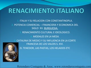 1. ITALIA Y SU RELACION CON CONSTANTINOPLA.
2. POTENCIA COMERCIAL – FINANCIERA Y ECONOMICA DEL
                SIGLO XV. BURGUESIA.
      3. RENACIMIENTO CULTURAL E IDEOLOGICO.
               4. MODALES EN LA MESA.
 5. CATALINA DE MEDICI Y SU INFLUENCIA EN LA CORTE
            FRANCESA DE LOS VALOIS S. XVI.
      EL TENEDOR, LAS PASTAS, LOS HELADOS ETC




    Retondaro Costaguta & Asoc. www.retondarocostaguta.com
 